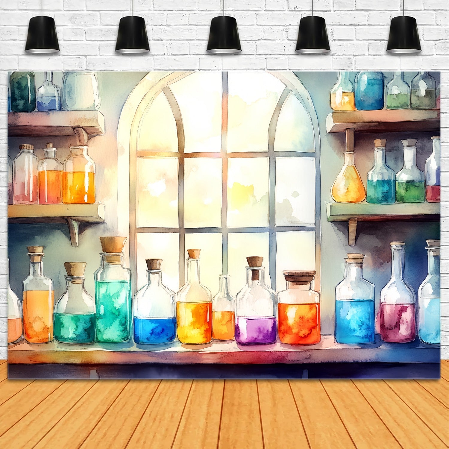 Chemie Backdrop Sunlit Window Vibrant Potion Bottles Back To School Studiohintergrund LXX58-105