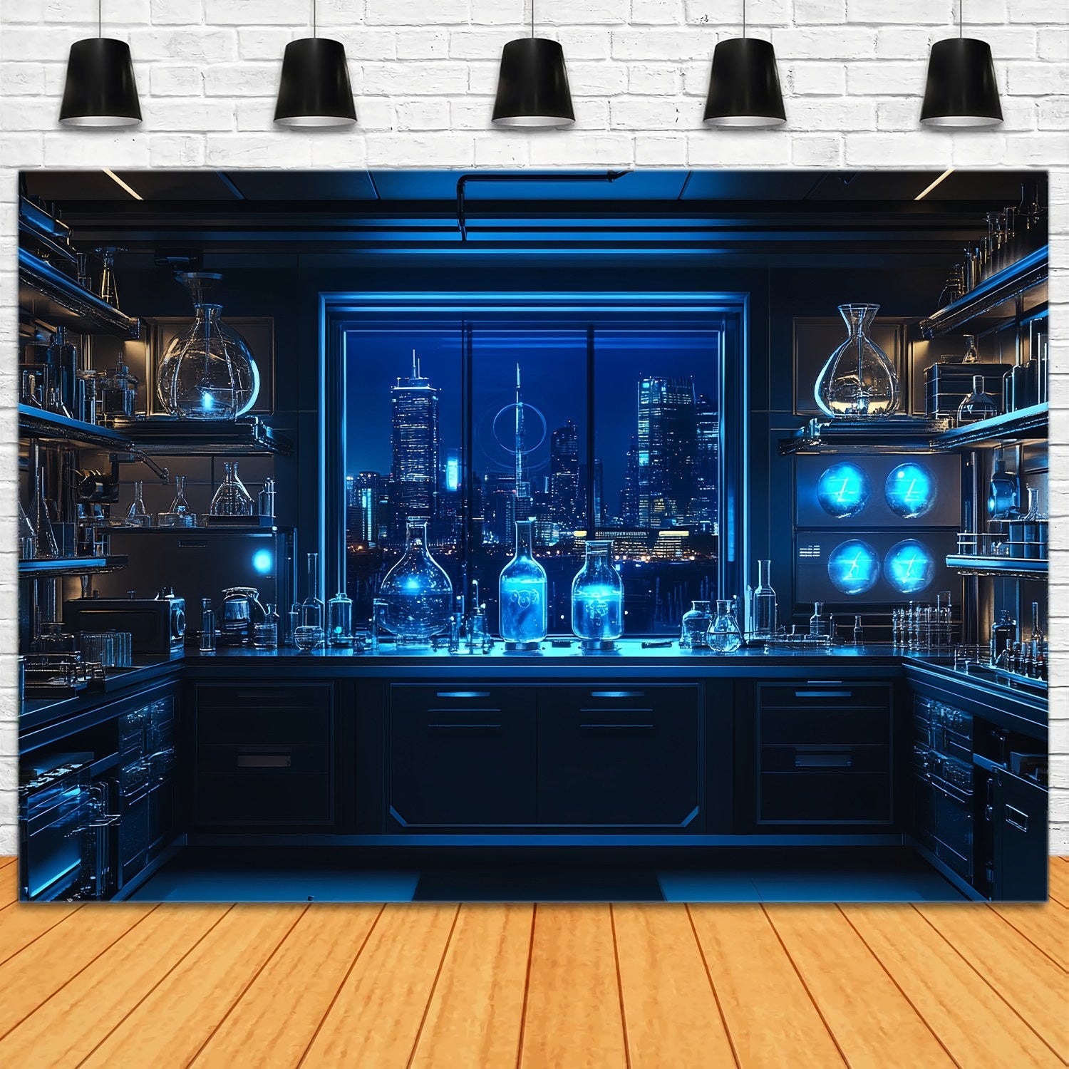 Chemie Backdrop Futuristische Labor Skyline Nachtansicht Schule Bild Fotohintergrund LXX58-108
