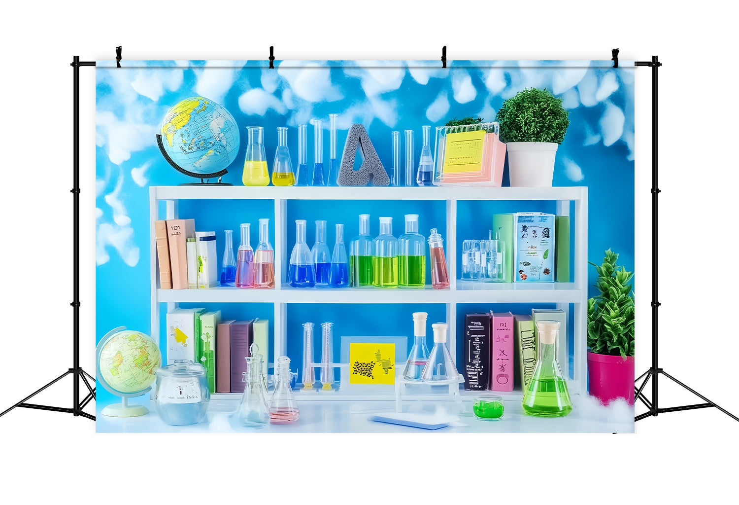 Chemie Backdrop Bunte Chemie Regal Bücher Pflanzen Zurück zu Schule FotoFotohintergrund LXX58-109