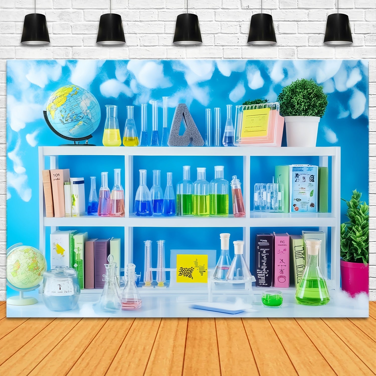 Chemie Backdrop Bunte Chemie Regal Bücher Pflanzen Zurück zu Schule FotoFotohintergrund LXX58-109