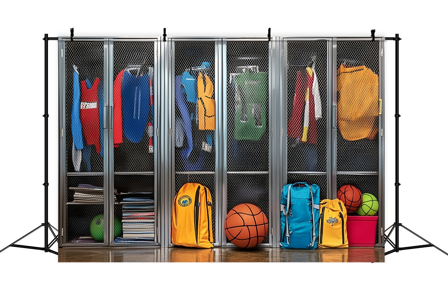 School Locker Backdrop Bunte Sport Schließfächer Rucksäcke Back to School FotoFotohintergrund LXX58-119
