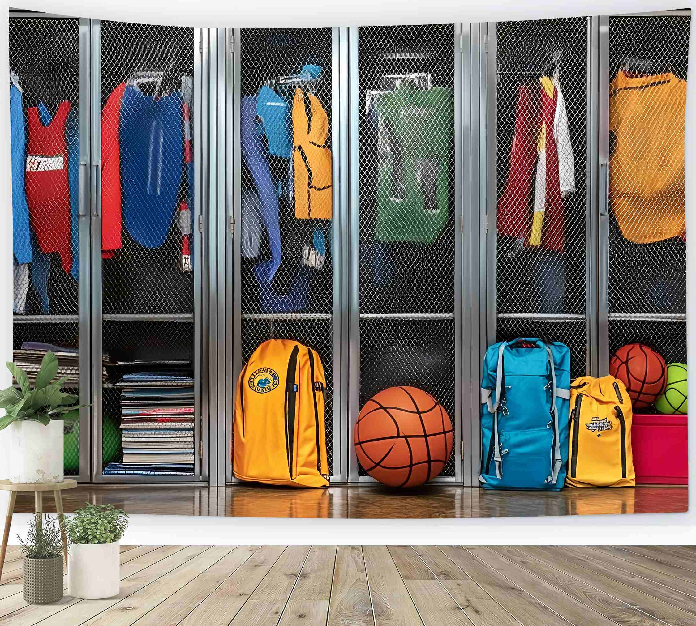 School Locker Backdrop Bunte Sport Schließfächer Rucksäcke Back to School FotoFotohintergrund LXX58-119