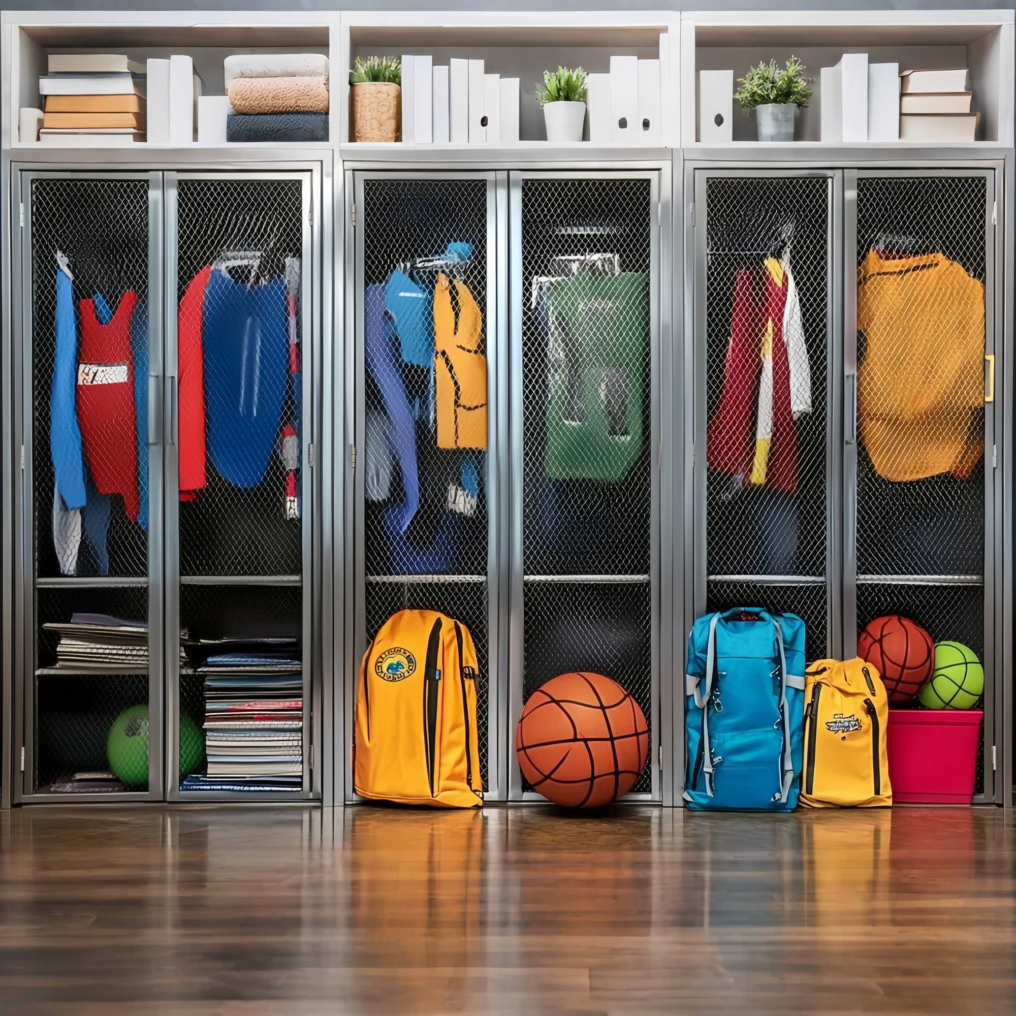 School Locker Backdrop Bunte Sport Schließfächer Rucksäcke Back to School FotoFotohintergrund LXX58-119