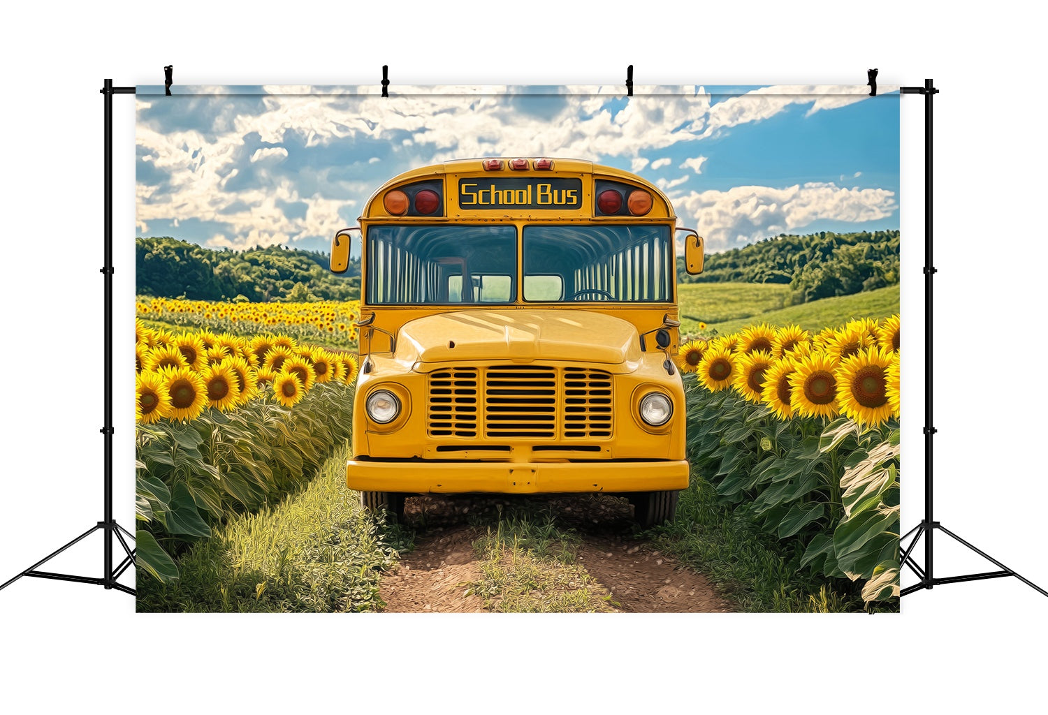 Schulbus Backdrop Sonnenblumenfeld Vintage Schulbus Schule Bild Fotohintergrund LXX58-128
