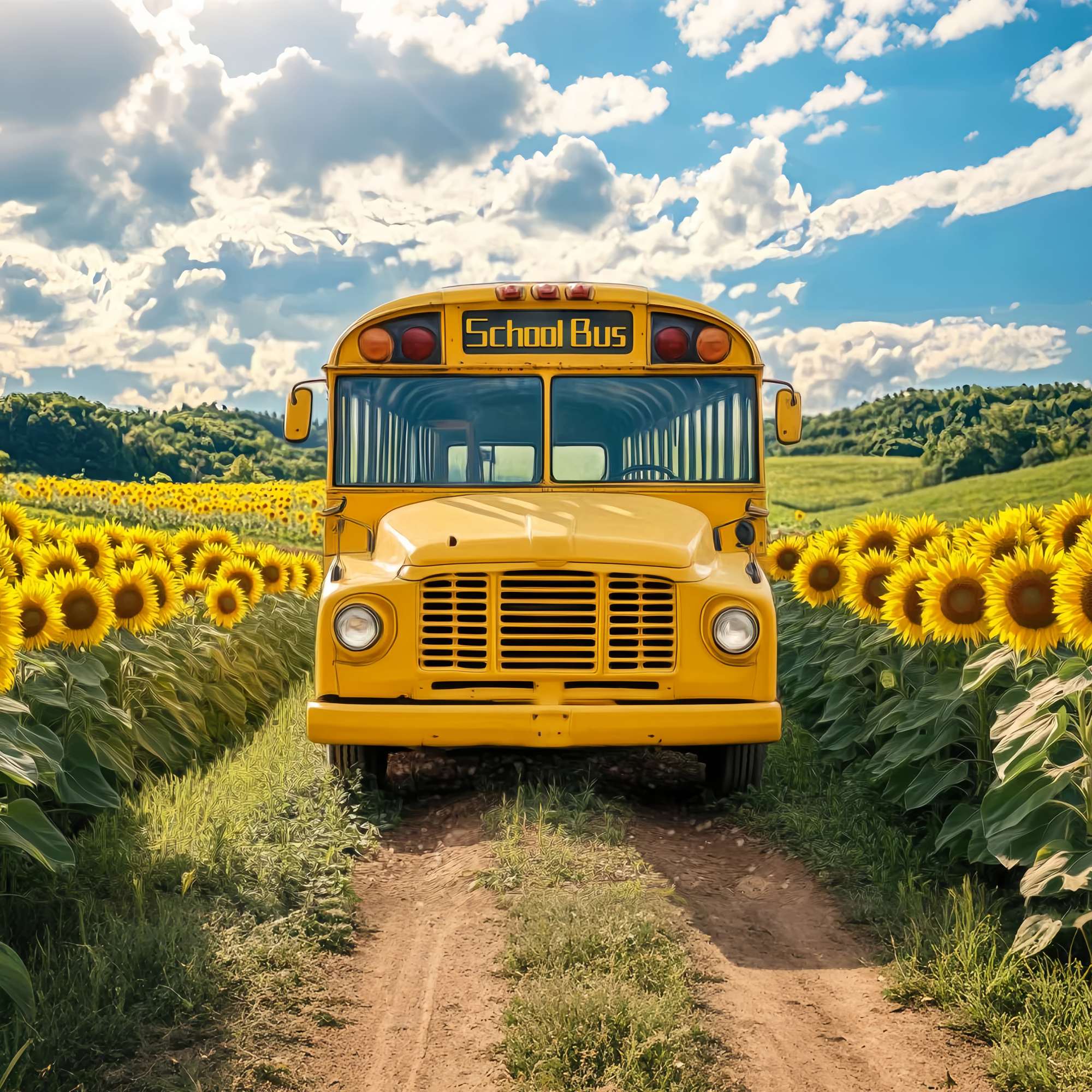 Schulbus Backdrop Sonnenblumenfeld Vintage Schulbus Schule Bild Fotohintergrund LXX58-128