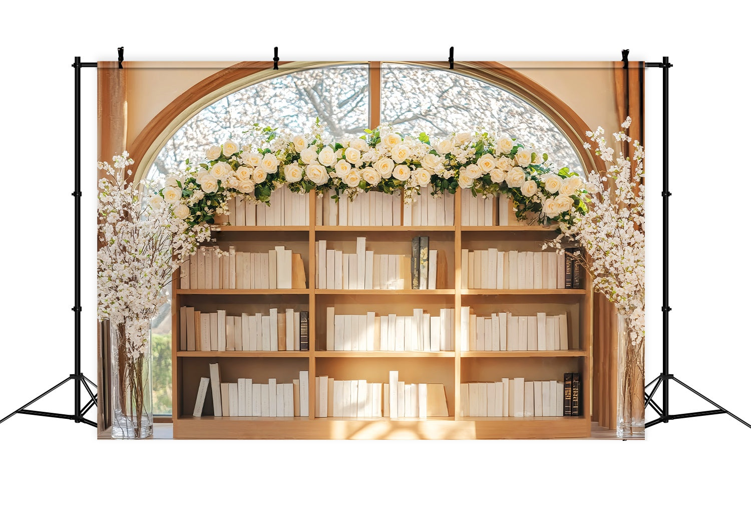 Back To School Studiohintergrund Elegantes Bücherregal Weiße Rosen Arrangement Bücherregal Backdrop LXX58-137