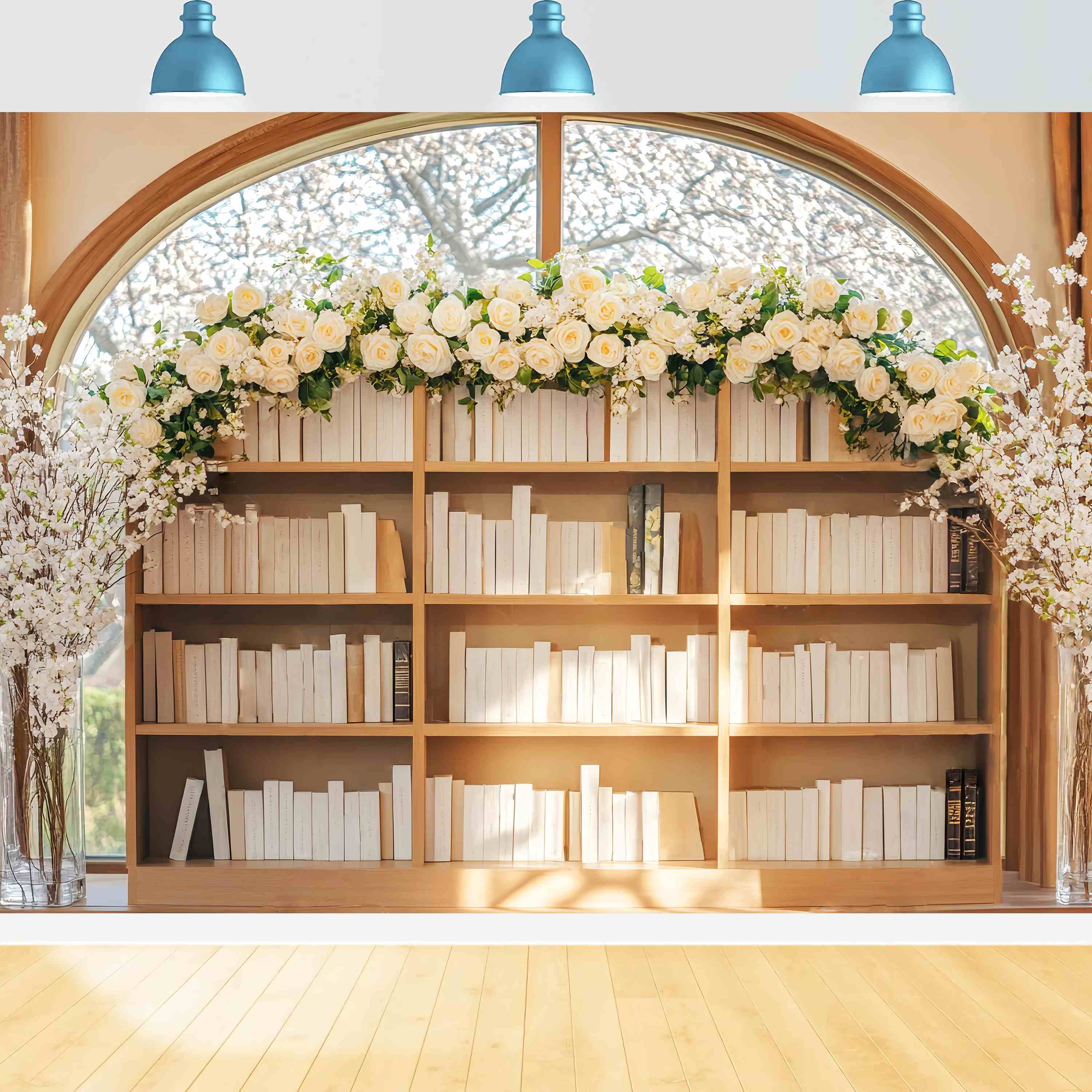Back To School Studiohintergrund Elegantes Bücherregal Weiße Rosen Arrangement Bücherregal Backdrop LXX58-137