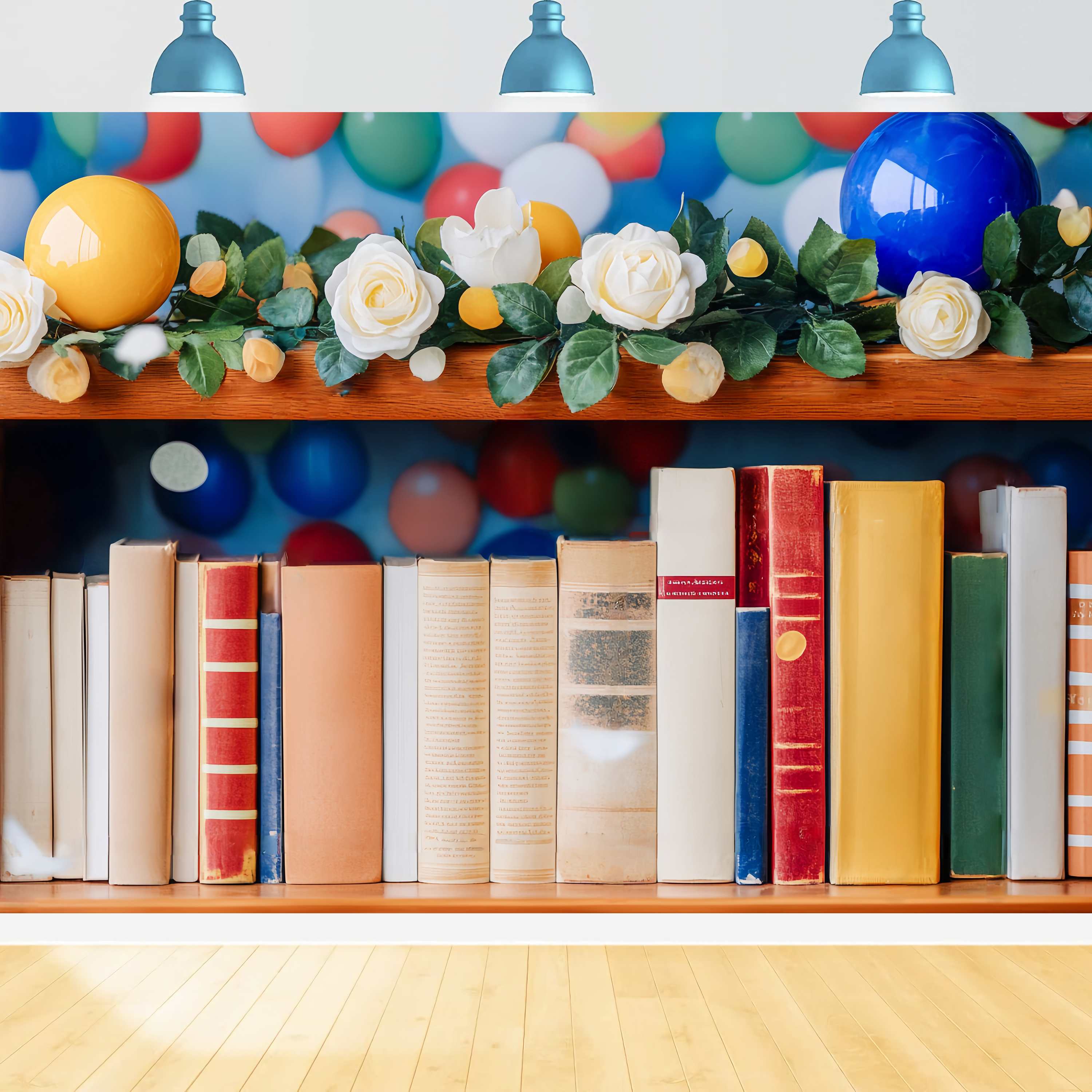 Vorschule Fotohintergrund bunten Ballon Girlande Bücherregal zurück zu Schule Fotokulisse LXX58-139