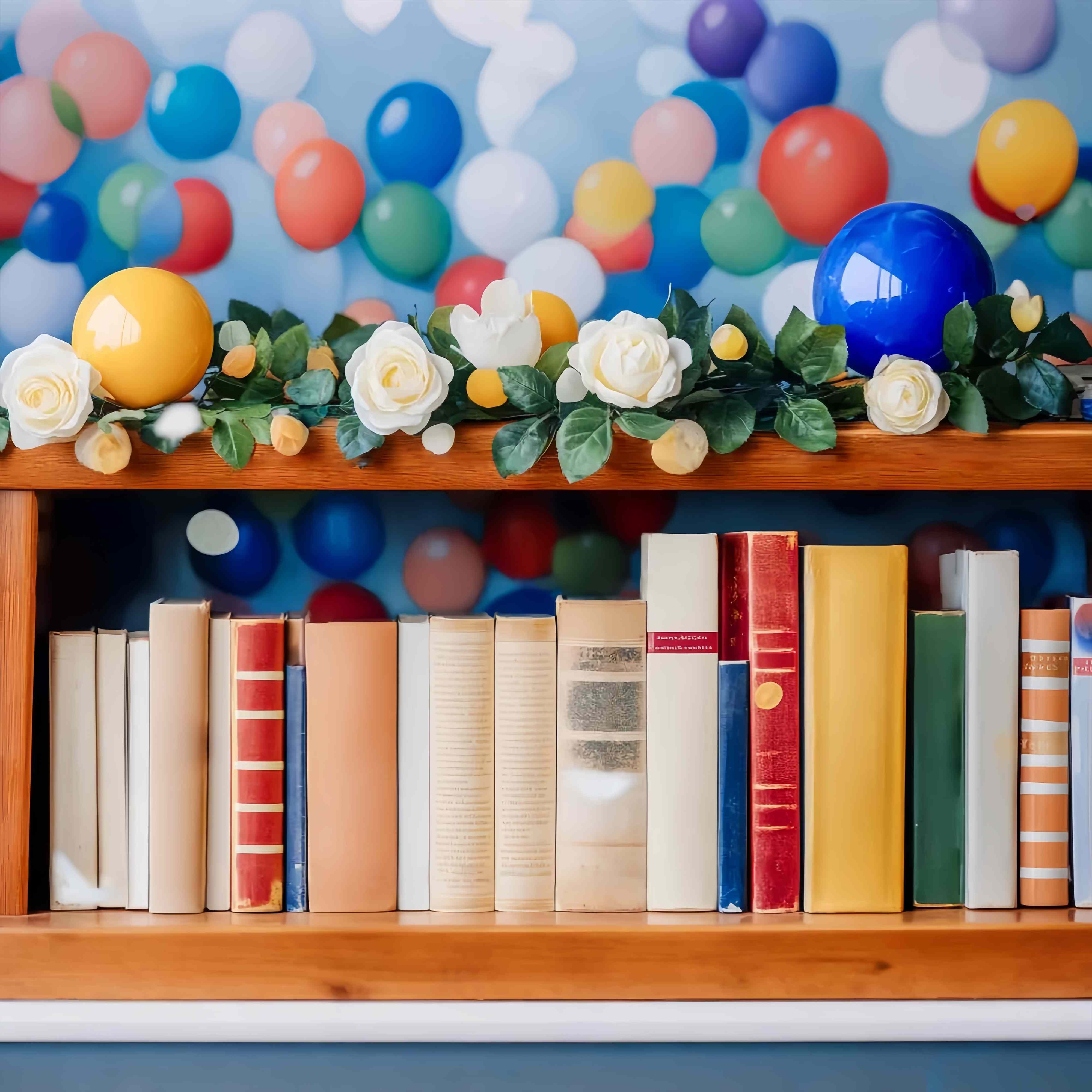 Vorschule Fotohintergrund bunten Ballon Girlande Bücherregal zurück zu Schule Fotokulisse LXX58-139