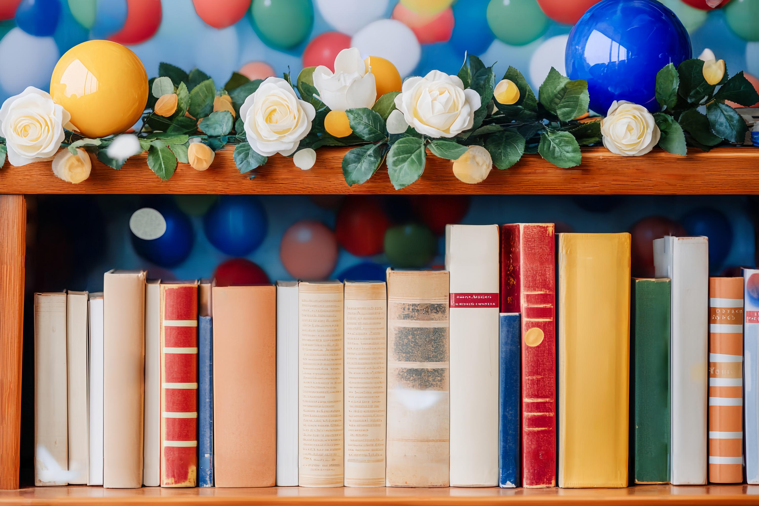 Vorschule Fotohintergrund bunten Ballon Girlande Bücherregal zurück zu Schule Fotokulisse LXX58-139