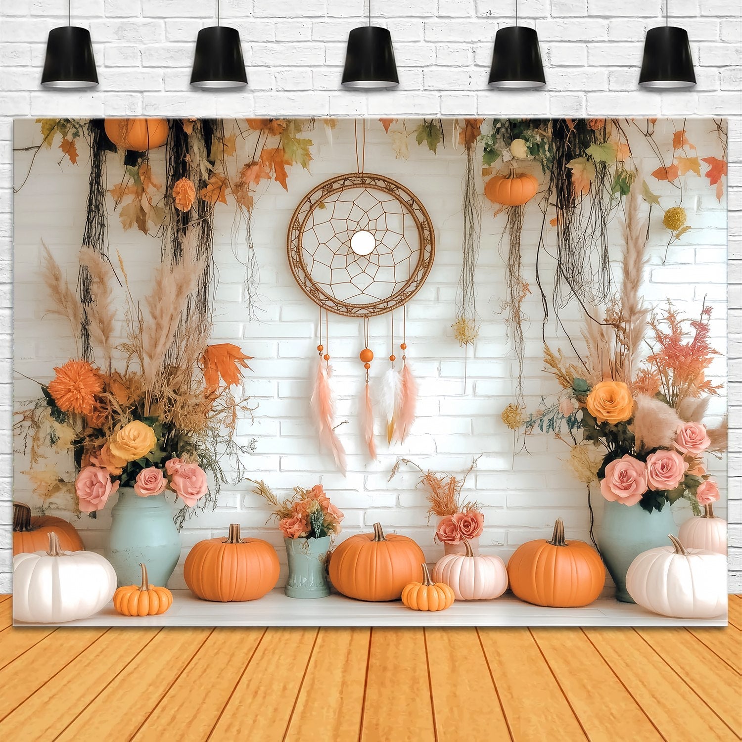 Herbst-Foto Hintergrund Rustikaler Kürbis Traumfänger Display Boho-Foto Hintergrund LXX58-155