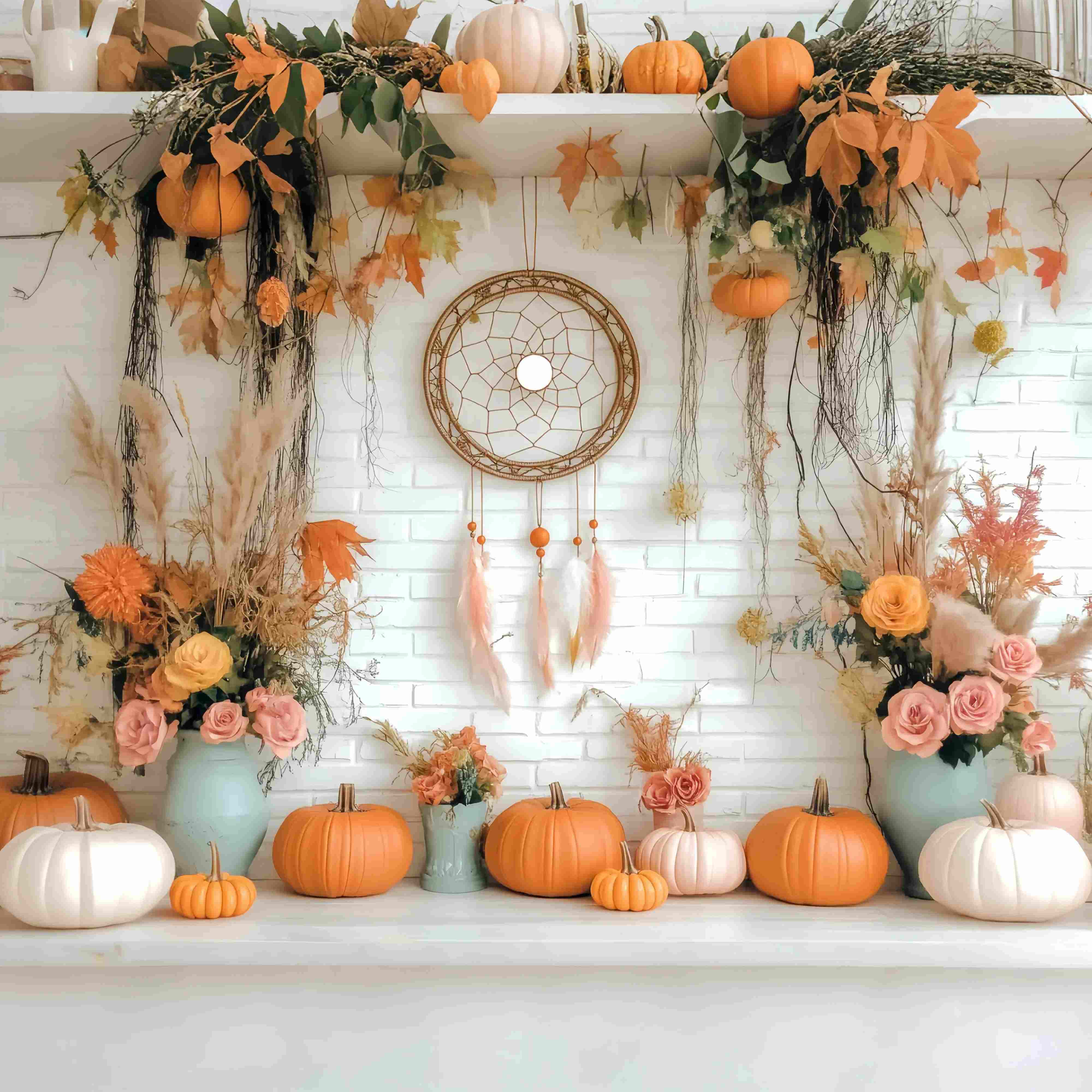 Herbst-Foto Hintergrund Rustikaler Kürbis Traumfänger Display Boho-Foto Hintergrund LXX58-155