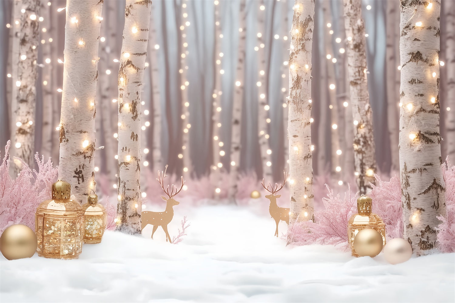 Winter Wonderland Backdrop Birkenwald Goldene Lichter Winter Fotokulisse LXX58-229
