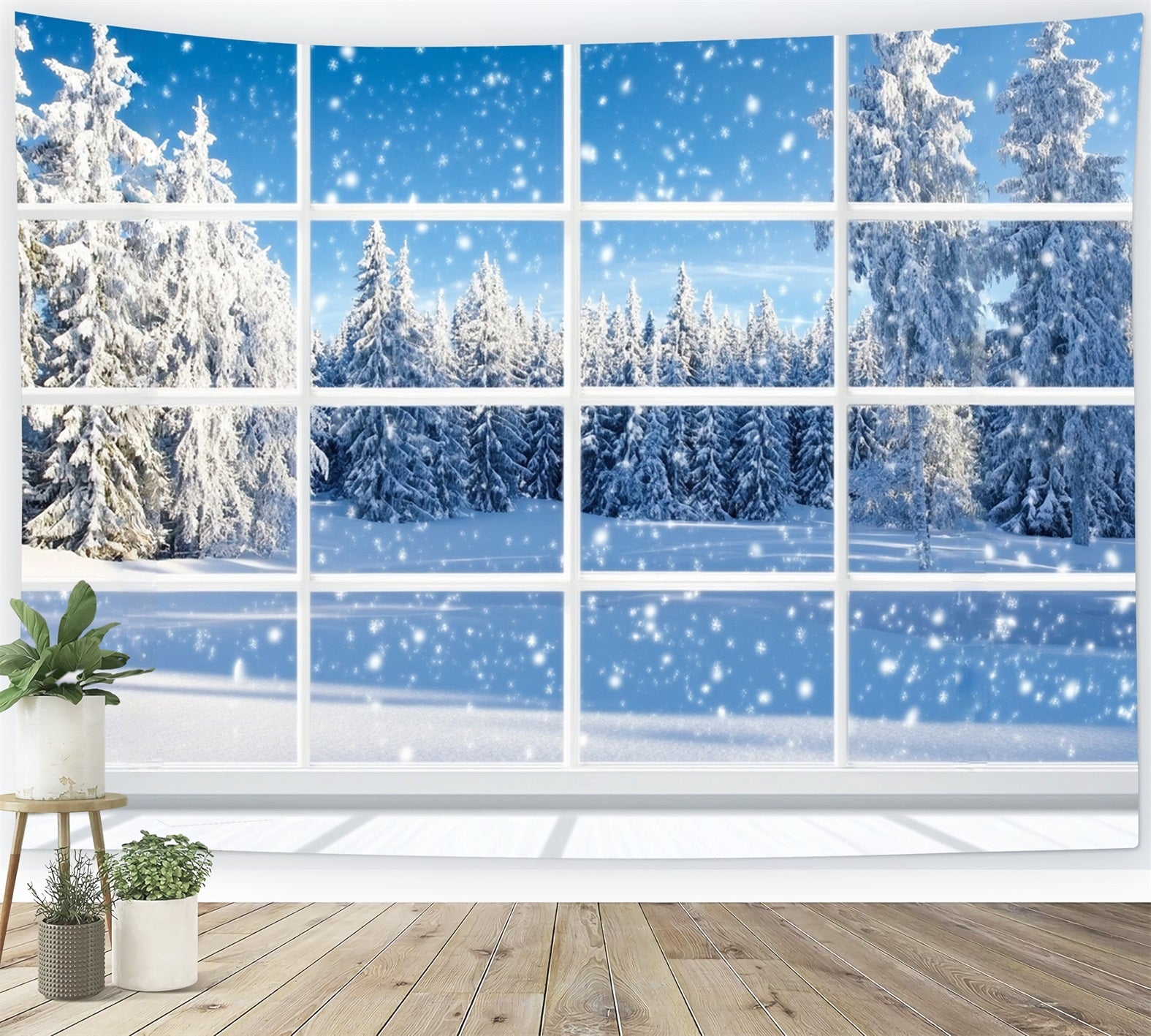 Winter-Fenster-Fotohintergrund fallender Schnee Kiefernwald Winter-Schnee-Fotohintergrund LXX58-233