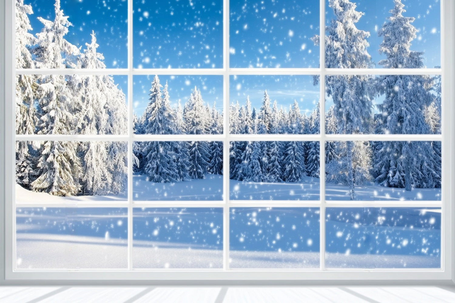 Winter-Fenster-Fotohintergrund fallender Schnee Kiefernwald Winter-Schnee-Fotohintergrund LXX58-233