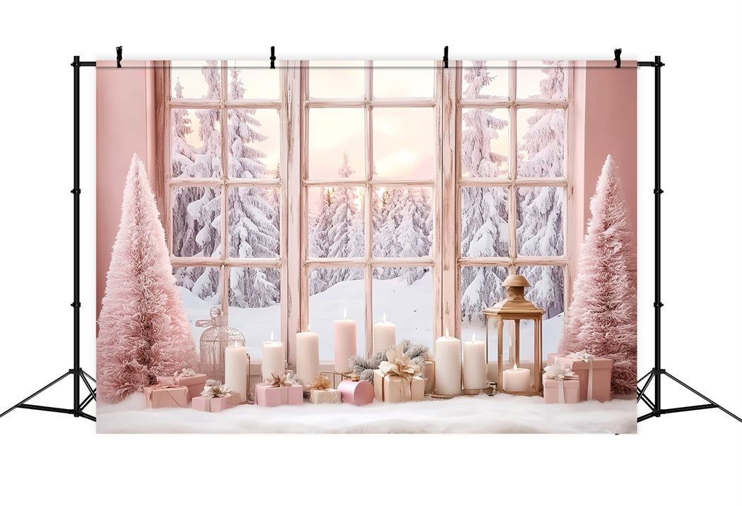 Winterfenster-Fotohintergrundkulisse Rosa Kerzenlicht Mattes Fenster Winter-Fotohintergrundkulisse LXX58-234
