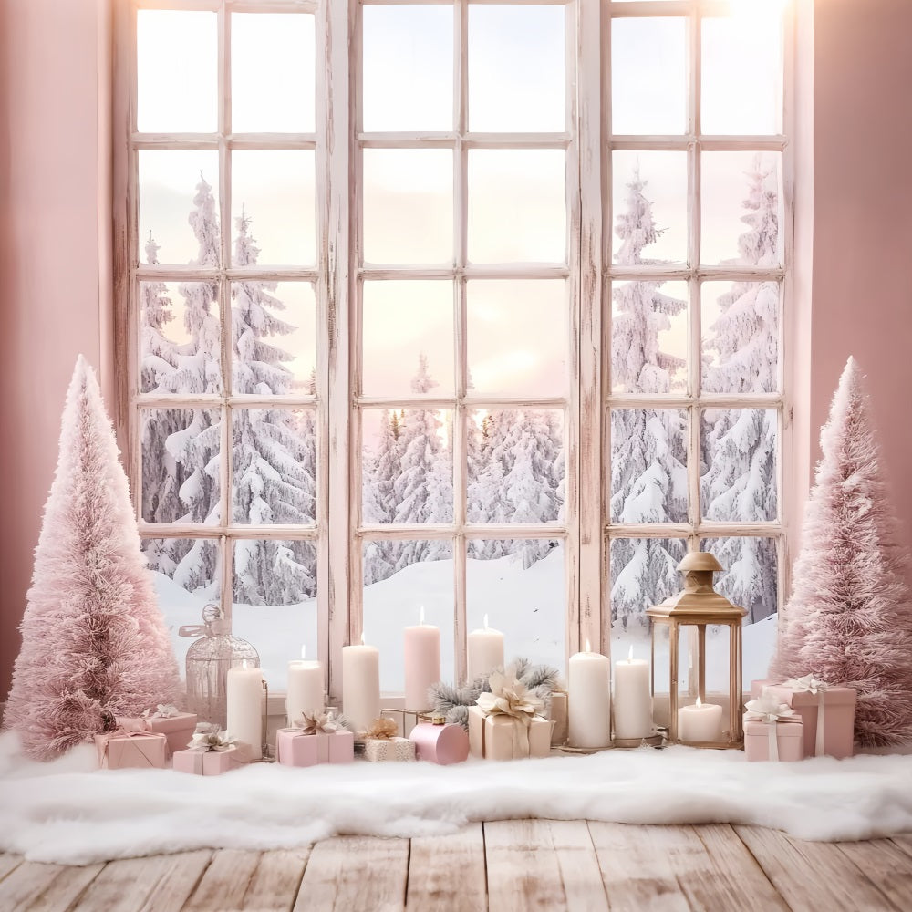 Winterfenster-Fotohintergrundkulisse Rosa Kerzenlicht Mattes Fenster Winter-Fotohintergrundkulisse LXX58-234