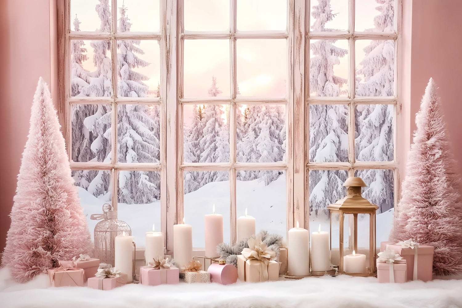 Winterfenster-Fotohintergrundkulisse Rosa Kerzenlicht Mattes Fenster Winter-Fotohintergrundkulisse LXX58-234