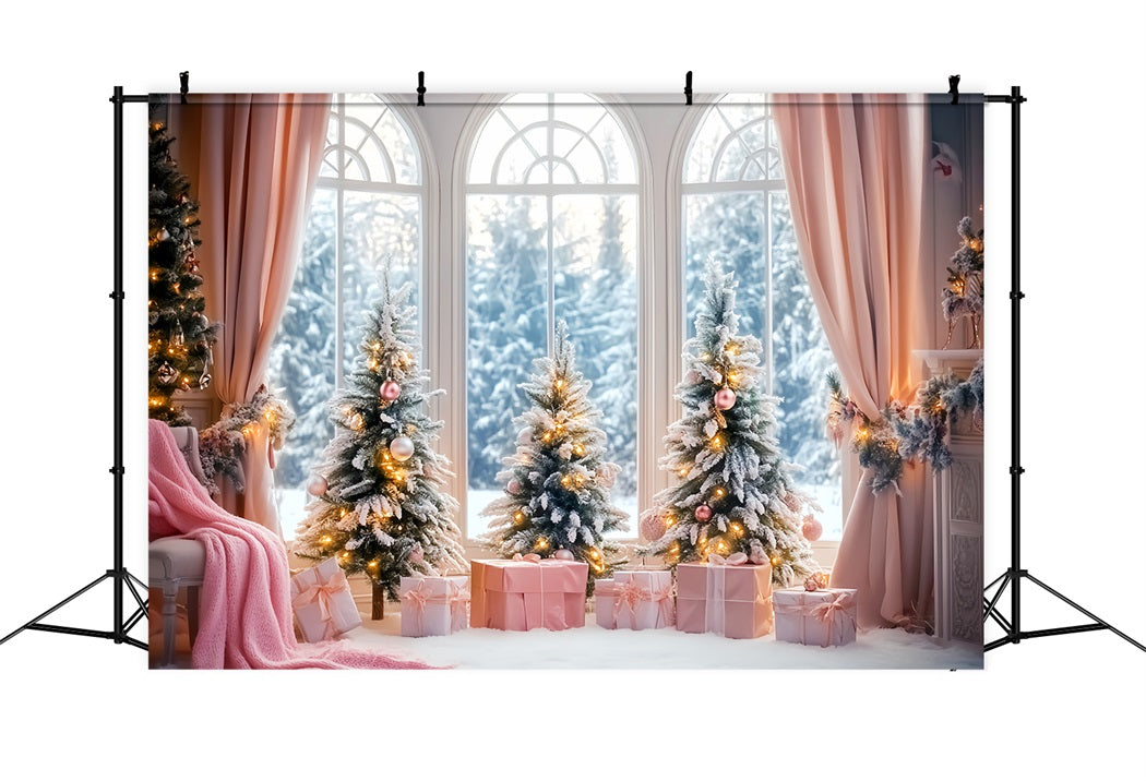 Winter-Fenster-Fotohintergrund Rosa Geschenk Frosted Christmas Trees Winter Studio Hintergrund LXX58-236