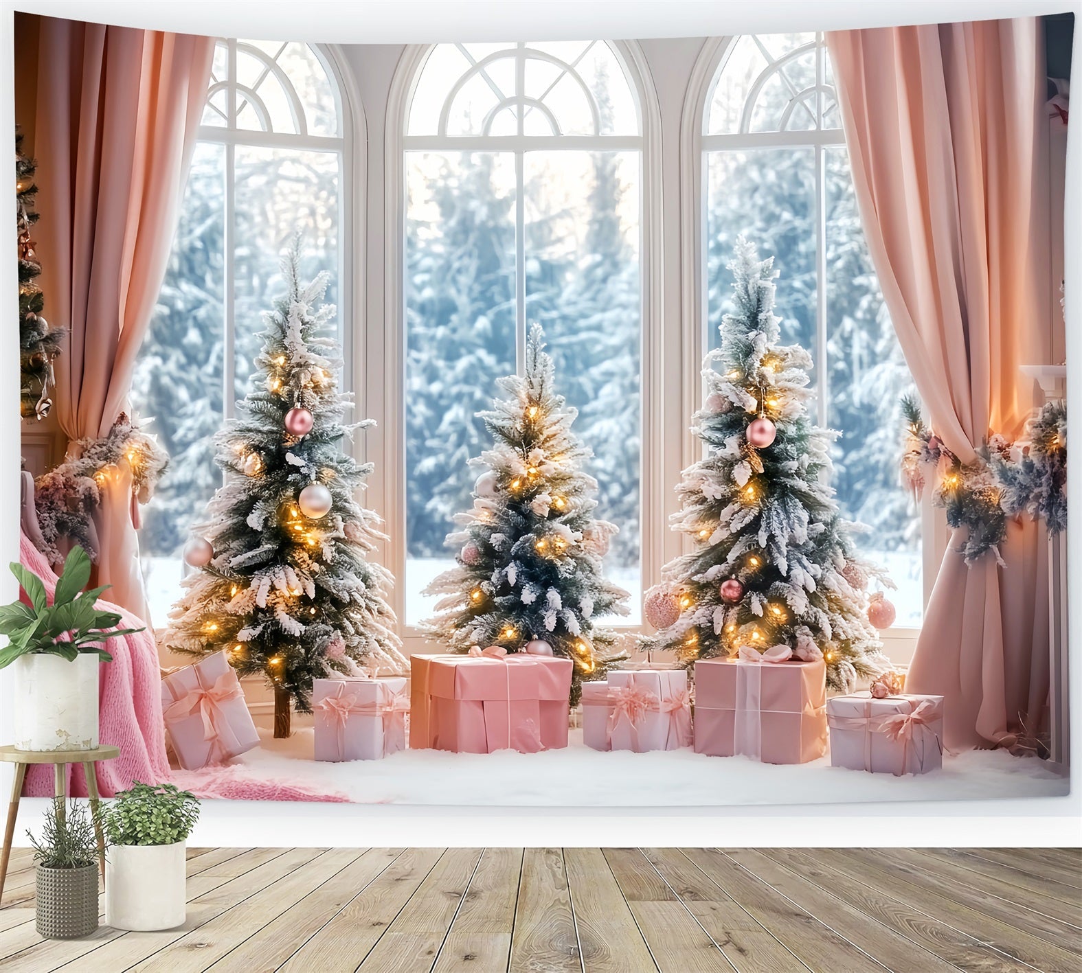 Winter-Fenster-Fotohintergrund Rosa Geschenk Frosted Christmas Trees Winter Studio Hintergrund LXX58-236