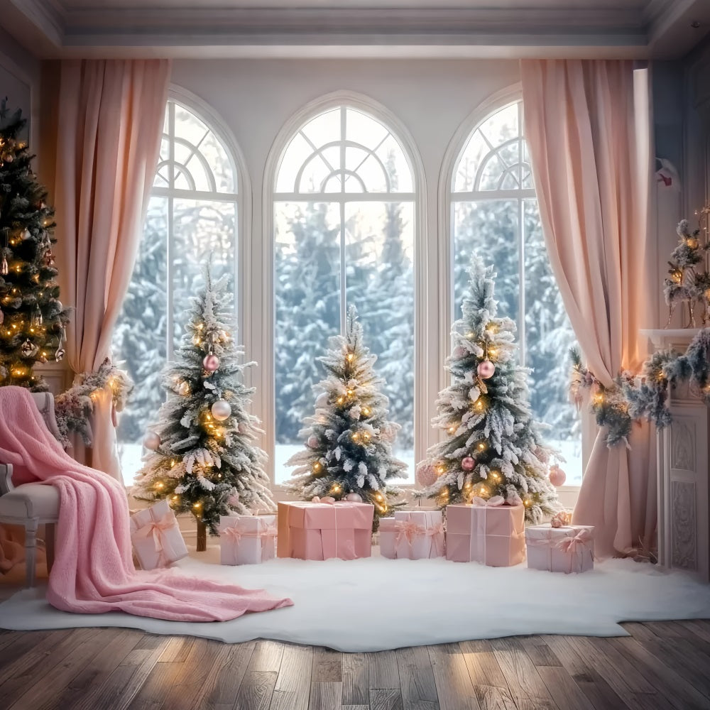 Winter-Fenster-Fotohintergrund Rosa Geschenk Frosted Christmas Trees Winter Studio Hintergrund LXX58-236
