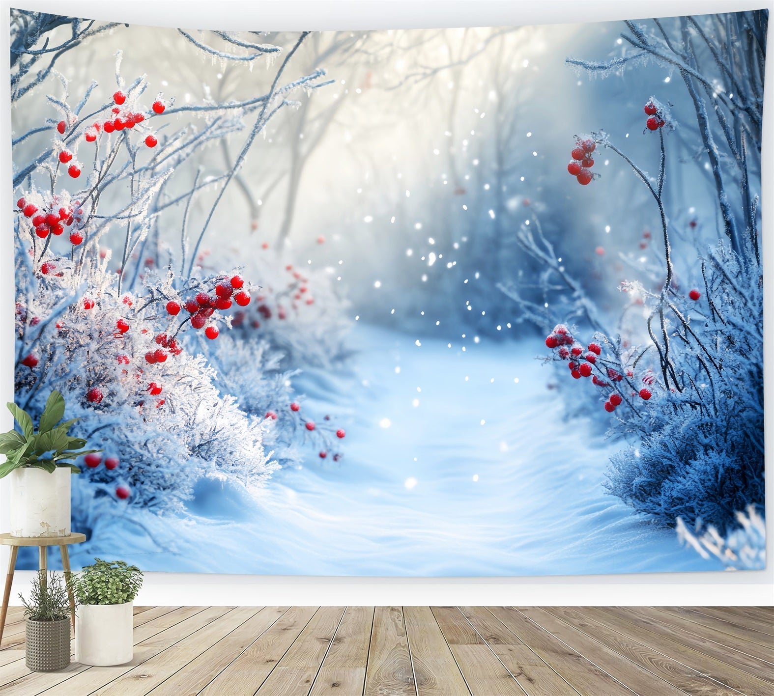 WaldFotohintergrund Gefrosteter Pfad Rote Winterbeeren WinterFotohintergrund LXX58-238