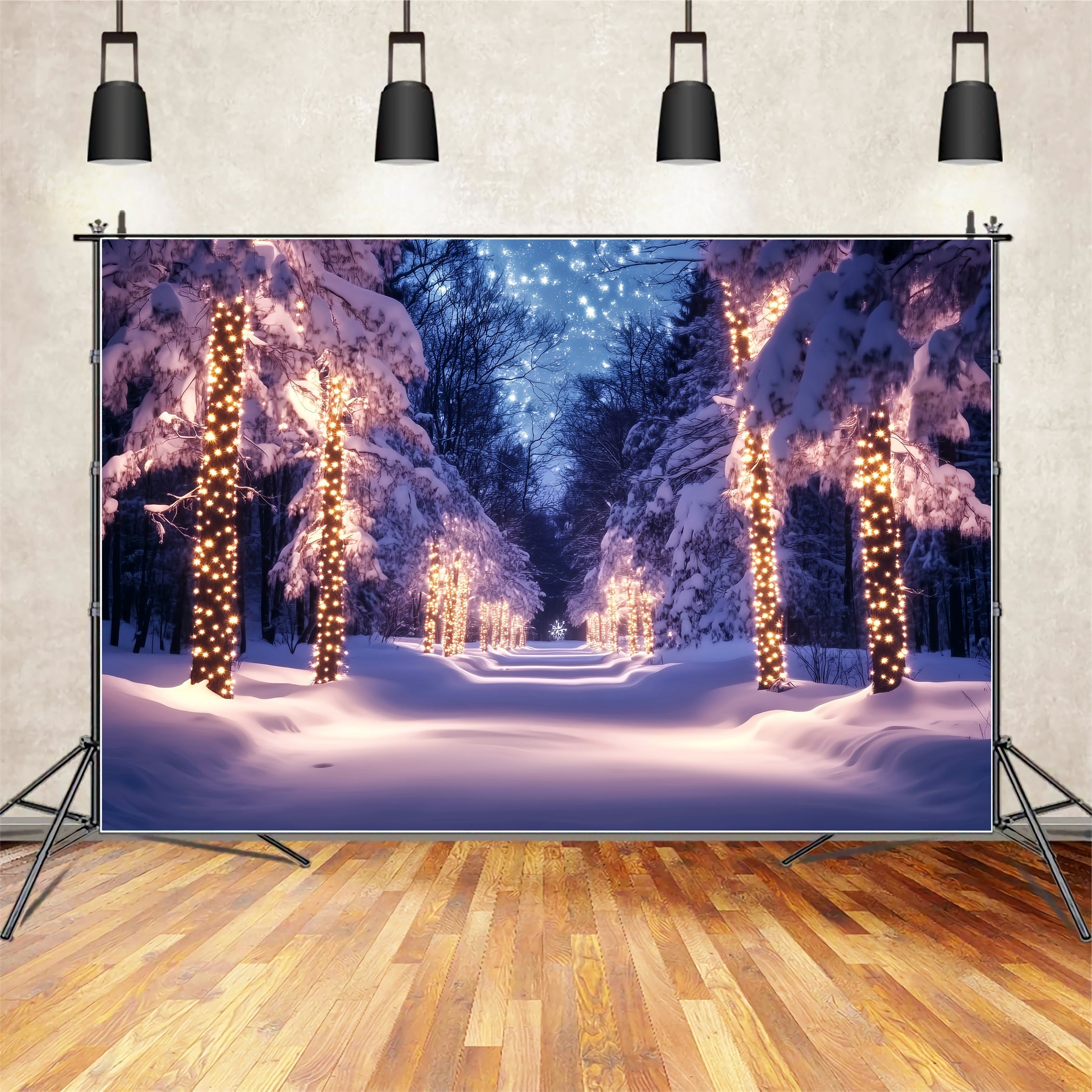 WaldFotohintergrund Golden Lights Snowy Pathway Winter Wonderland Backdrop LXX58-241