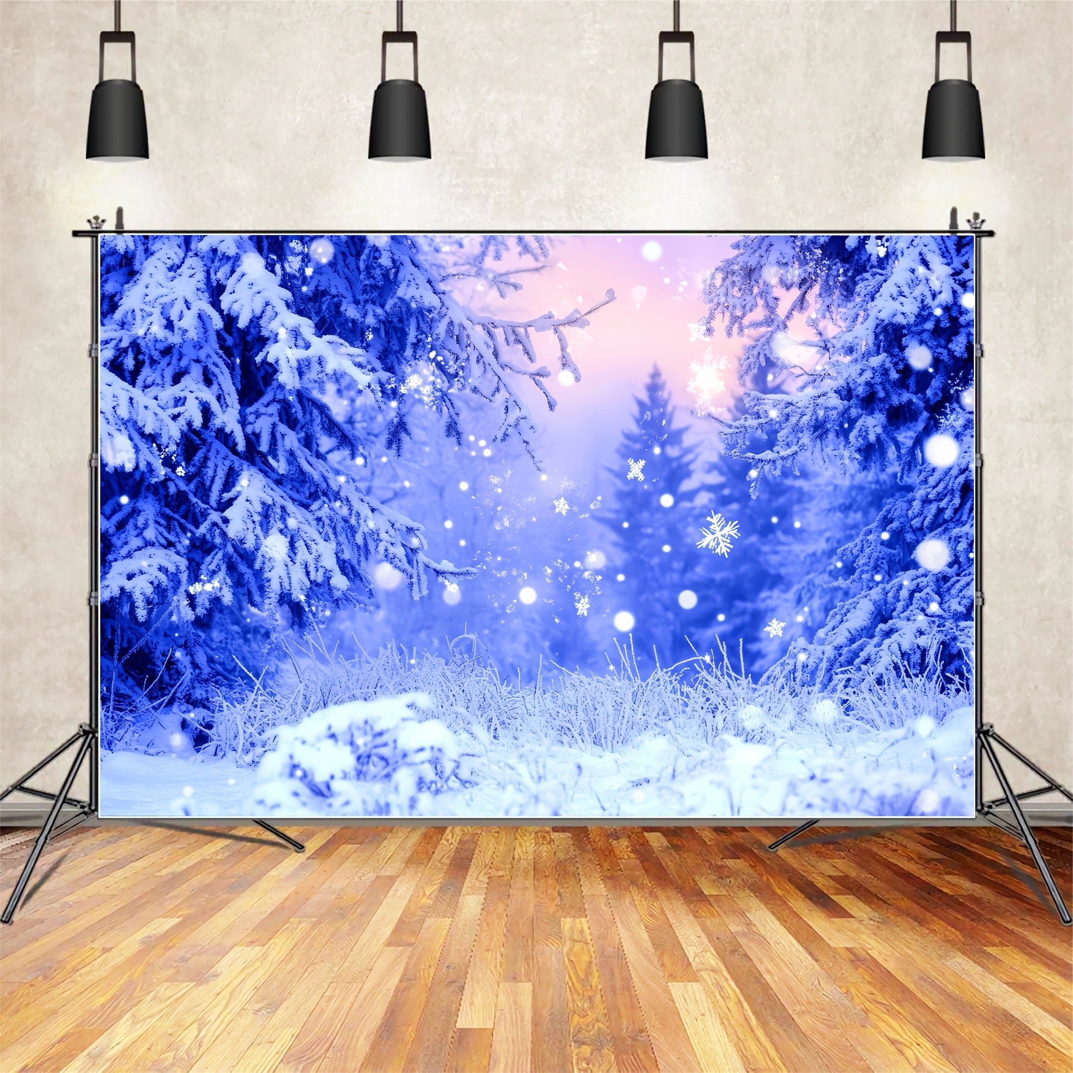 WaldFotohintergrund Blauer Frost Glitzernde Schneeflocken Winter-Fotohintergrund LXX58-242