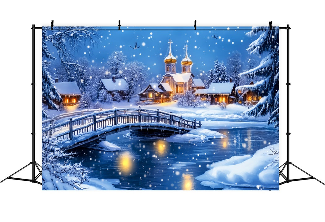 Village Backdrop Verschneite Brücke Dorfkirche Winter Wonderland Studio Hintergrund LXX58-247