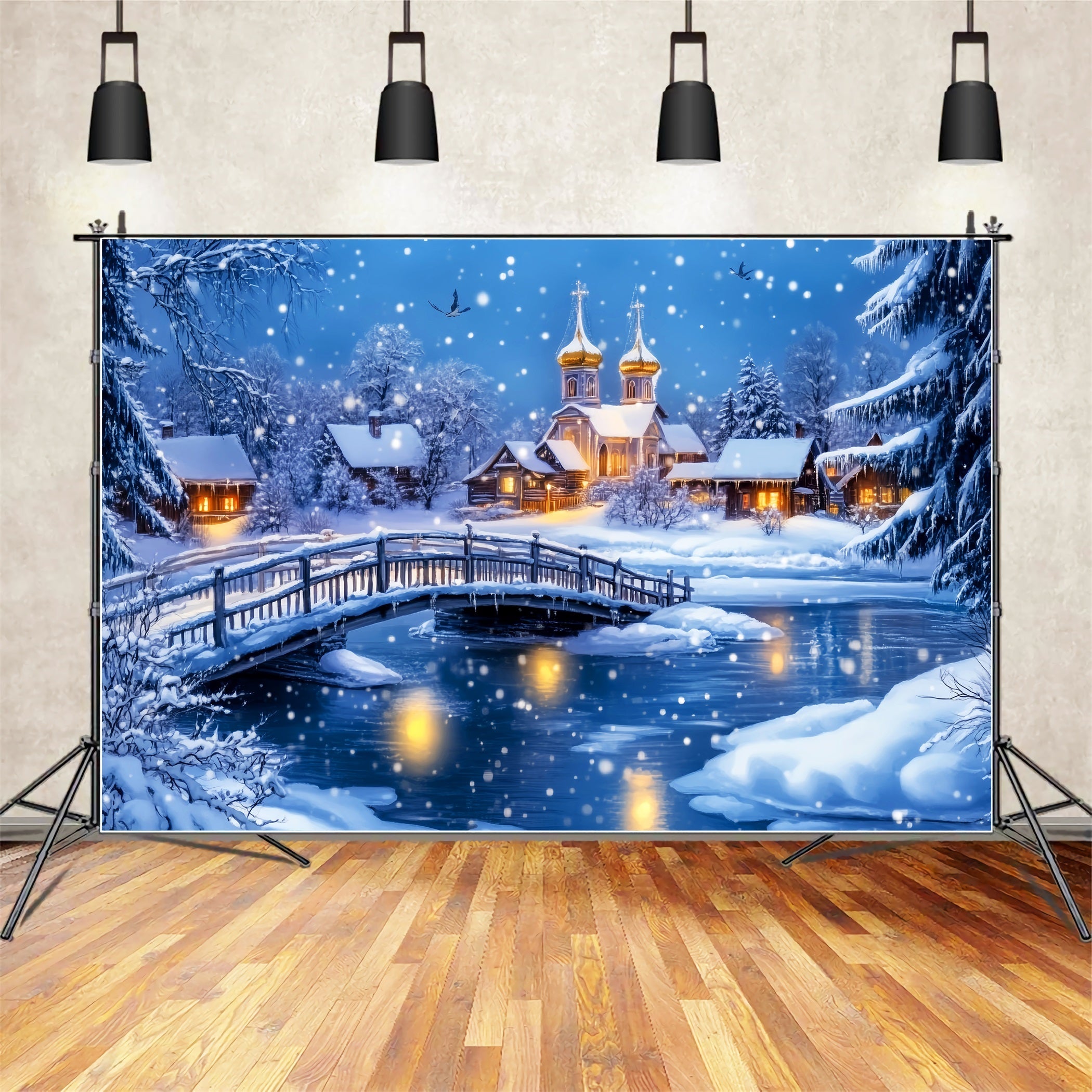 Village Backdrop Verschneite Brücke Dorfkirche Winter Wonderland Studio Hintergrund LXX58-247
