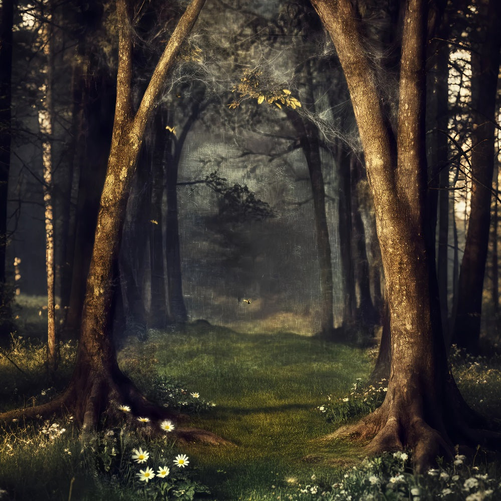 Gruseliger Wald mit mystischem Spinnennetz, verzauberter Wald, dunkler Wald-Foto Hintergrund LXX58-270