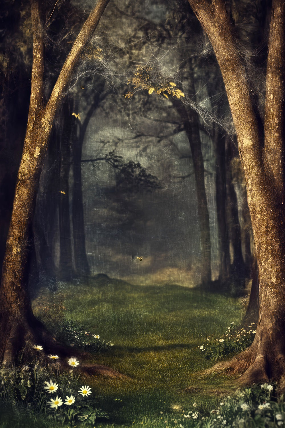 Gruseliger Wald mit mystischem Spinnennetz, verzauberter Wald, dunkler Wald-Foto Hintergrund LXX58-270