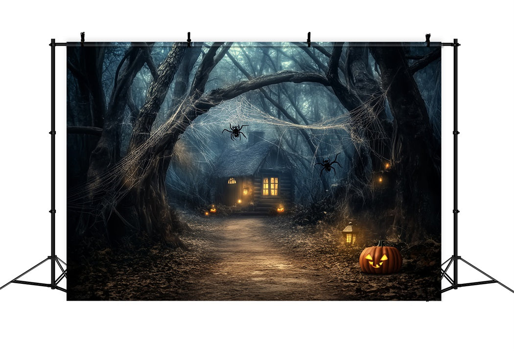 Gruseliger Wald mit Kürbislaterne, Spukhütte, Halloween-Wald-Foto Hintergrund LXX58-272