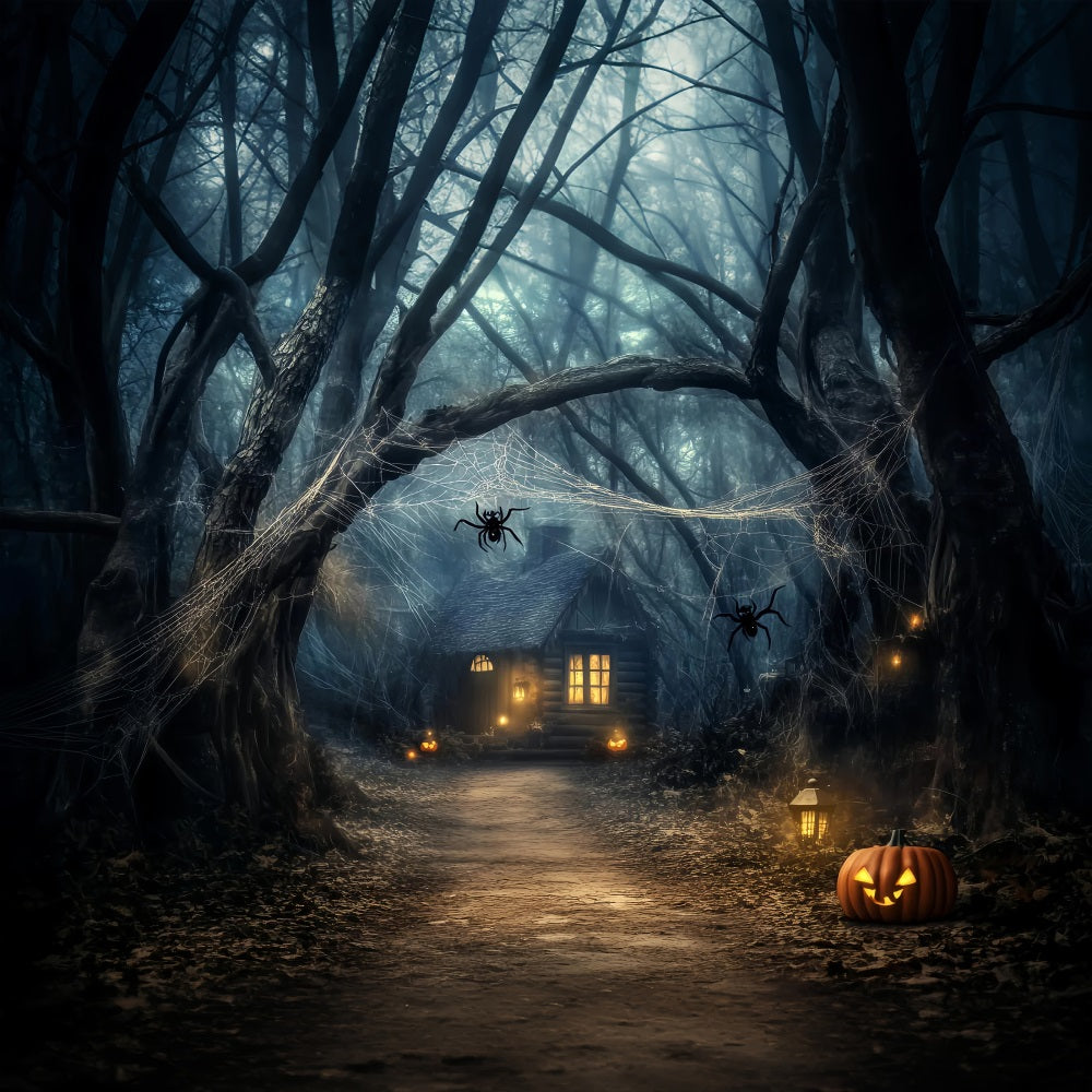 Gruseliger Wald mit Kürbislaterne, Spukhütte, Halloween-Wald-Foto Hintergrund LXX58-272