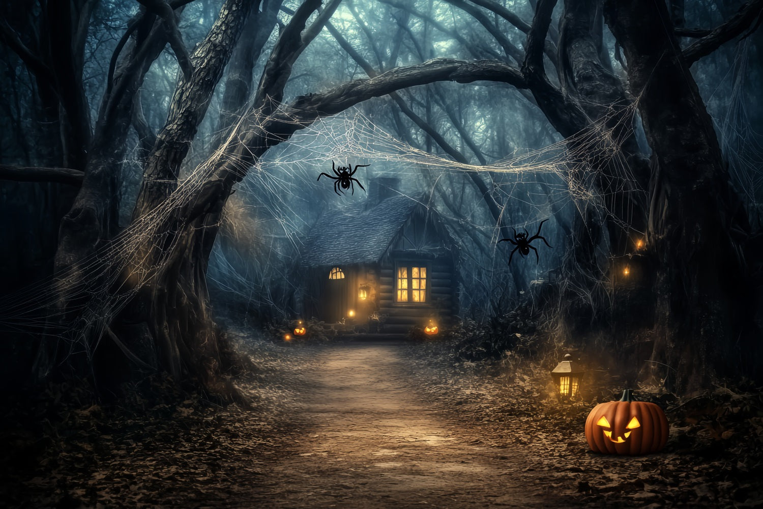 Gruseliger Wald mit Kürbislaterne, Spukhütte, Halloween-Wald-Foto Hintergrund LXX58-272