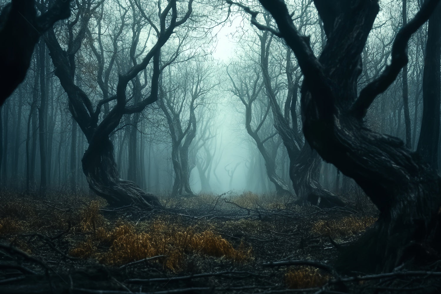 Gruseliger Wald Verdrehte dunkle Nebelbäume Waldfotografie-Foto Hintergrund LXX58-273