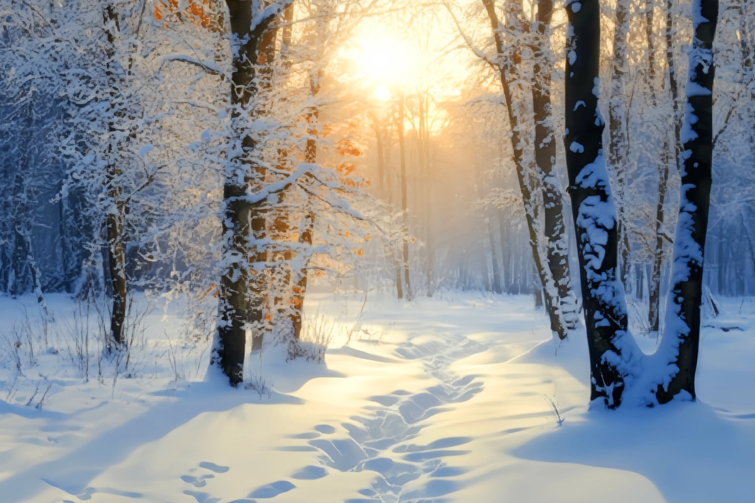 Winterlicher verschneiter Wald Goldener Sonnenaufgang Schneeweg Verschneiter Wald Foto Hintergrund LXX58-278
