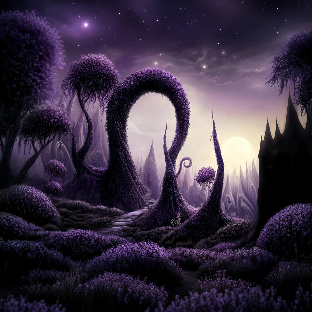 Dunkler, spukhafter Wald mit verzauberten, violetten, verdrehten Bäumen Waldkulisse LXX58-282