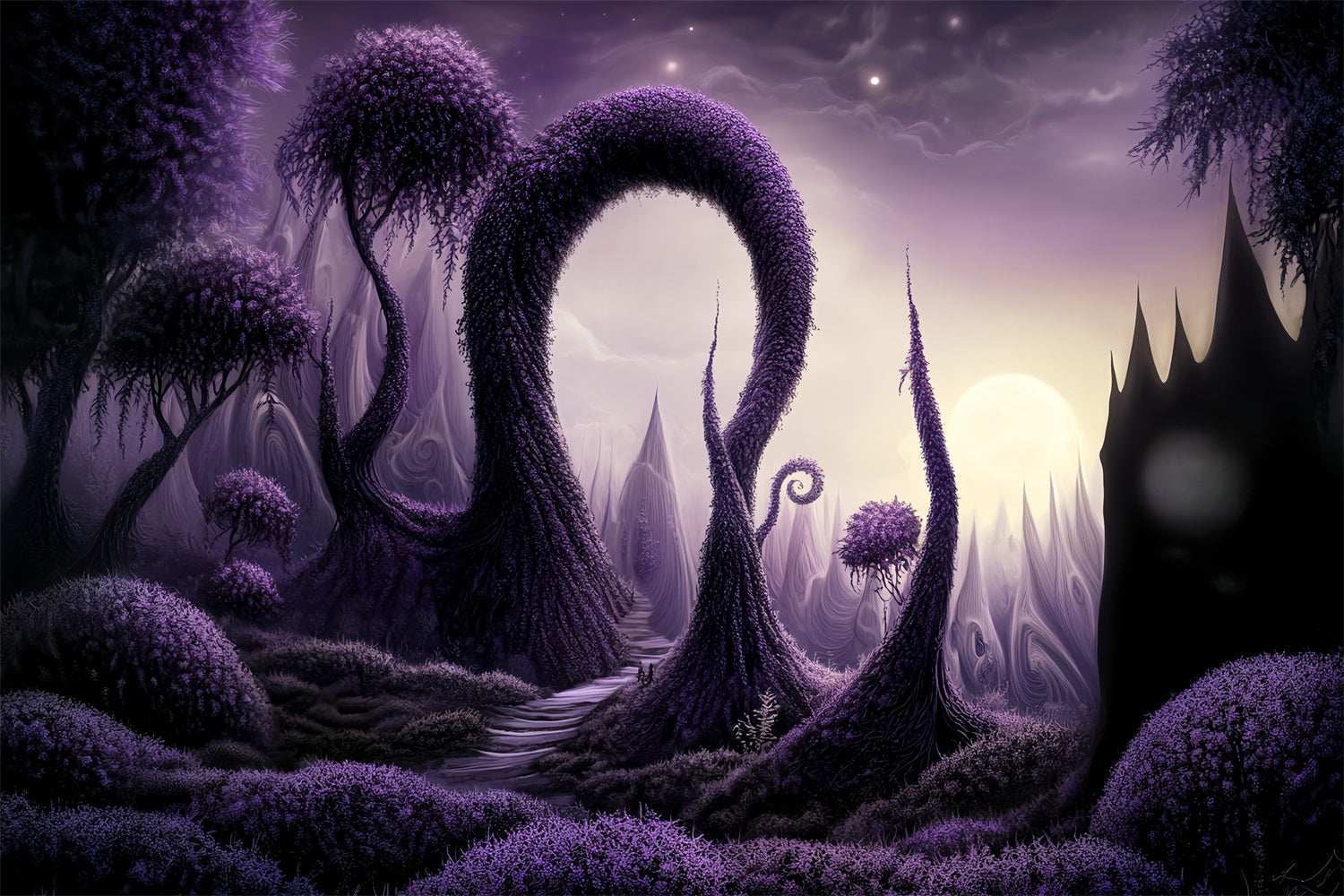 Dunkler, spukhafter Wald mit verzauberten, violetten, verdrehten Bäumen Waldkulisse LXX58-282
