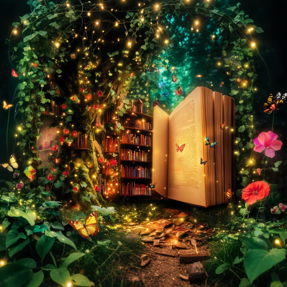 Verzauberter Wald Magische Bibliothek Baum Bücherregal Fotografie Wald Foto Hintergrund LXX58-286