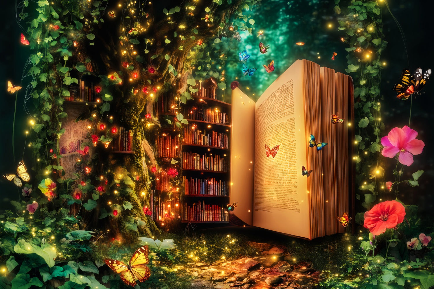 Verzauberter Wald Magische Bibliothek Baum Bücherregal Fotografie Wald Foto Hintergrund LXX58-286