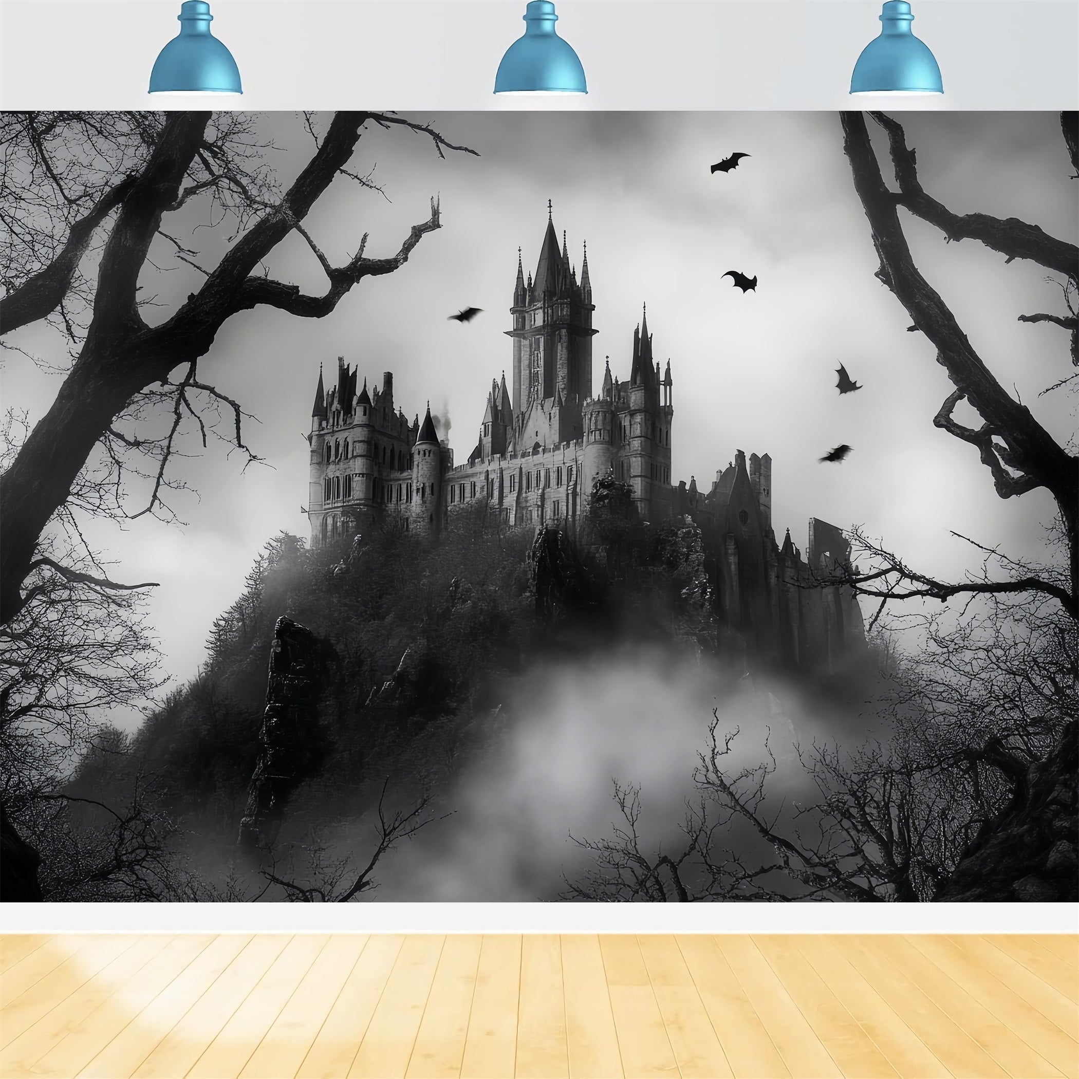 Nachtwald Gotische Spukschloss Nebel Spukwald-Foto Hintergrund LXX58-301