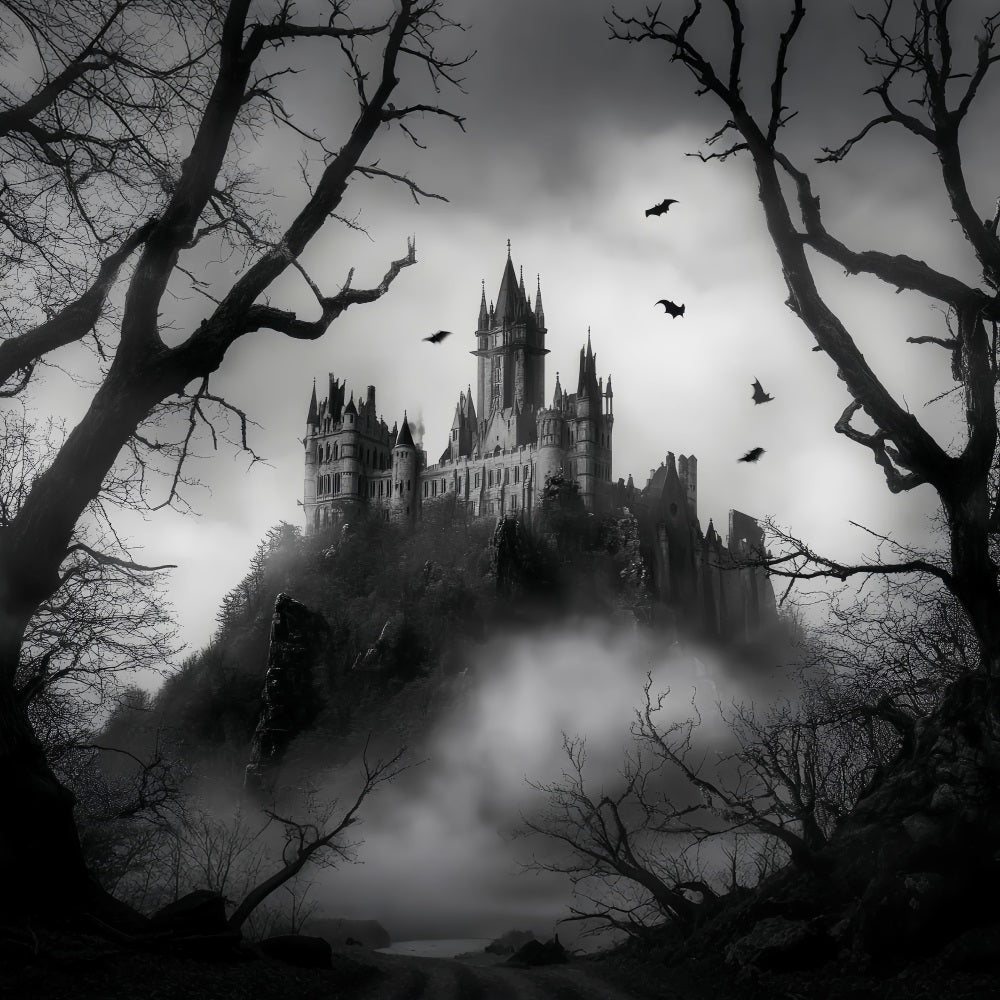 Nachtwald Gotische Spukschloss Nebel Spukwald-Foto Hintergrund LXX58-301