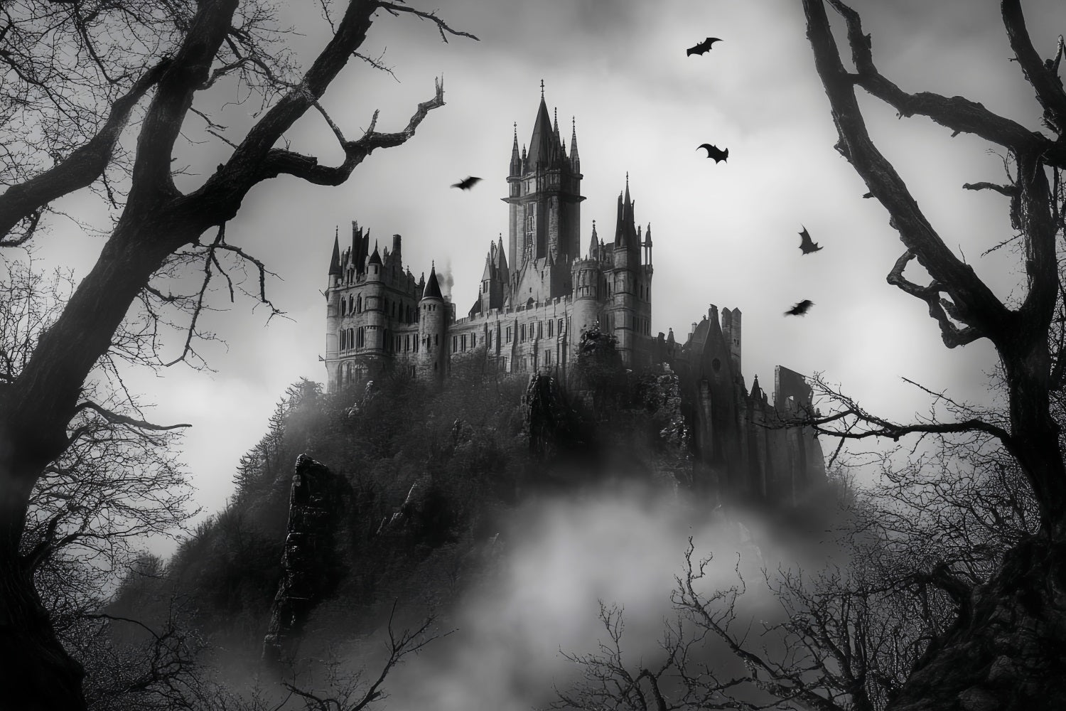 Nachtwald Gotische Spukschloss Nebel Spukwald-Foto Hintergrund LXX58-301