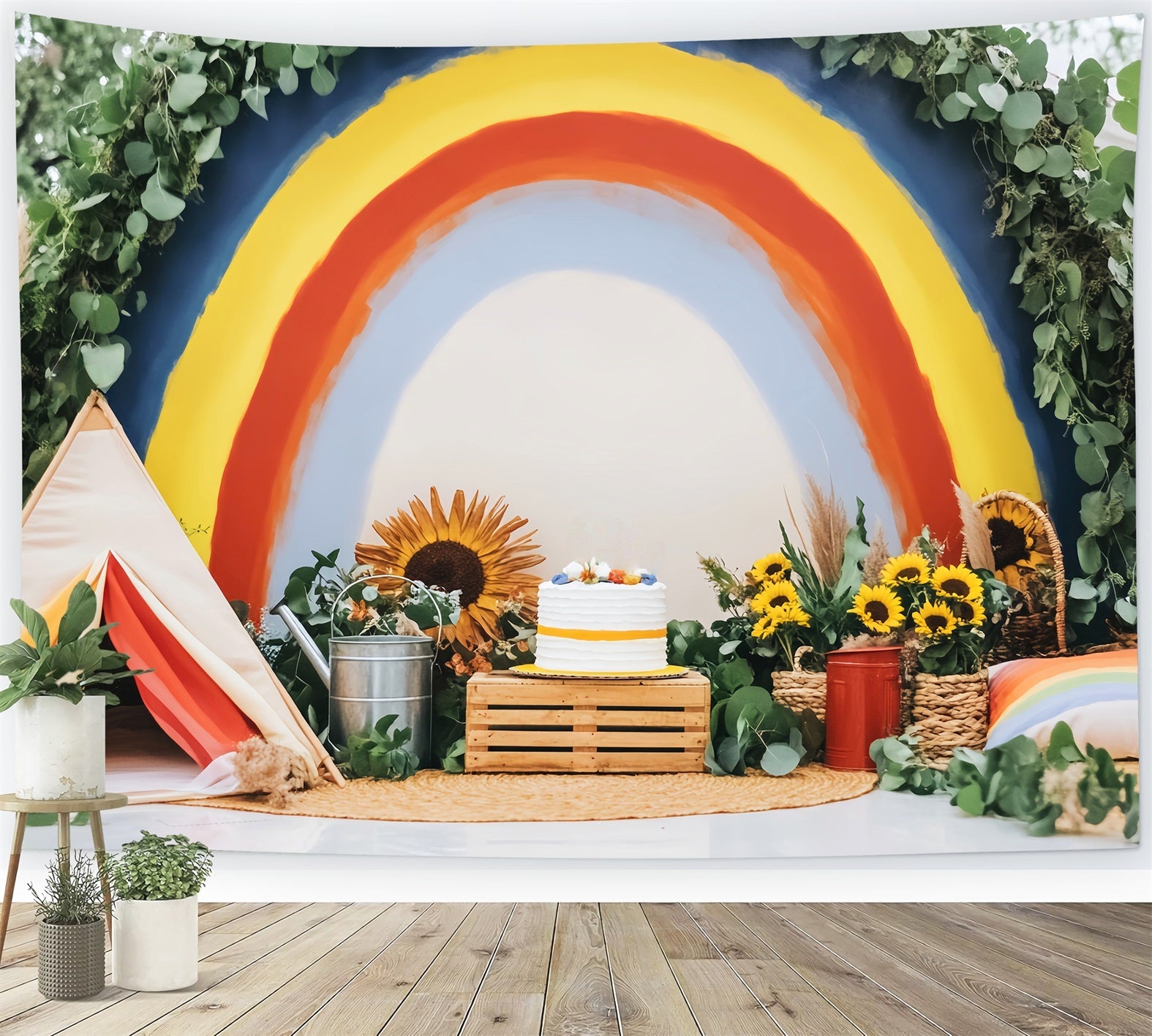 Neugeborenen Fotohintergrund Regenbogenkuchen Sonnenblumen Dekor Kinder-Fotohintergrund LXX58-358