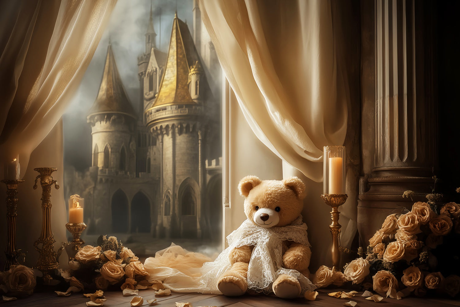 Schloss Fotohintergrund Goldener Schein Schlossansicht Neugeborenen Fotografie Studio Hintergründe LXX58-374