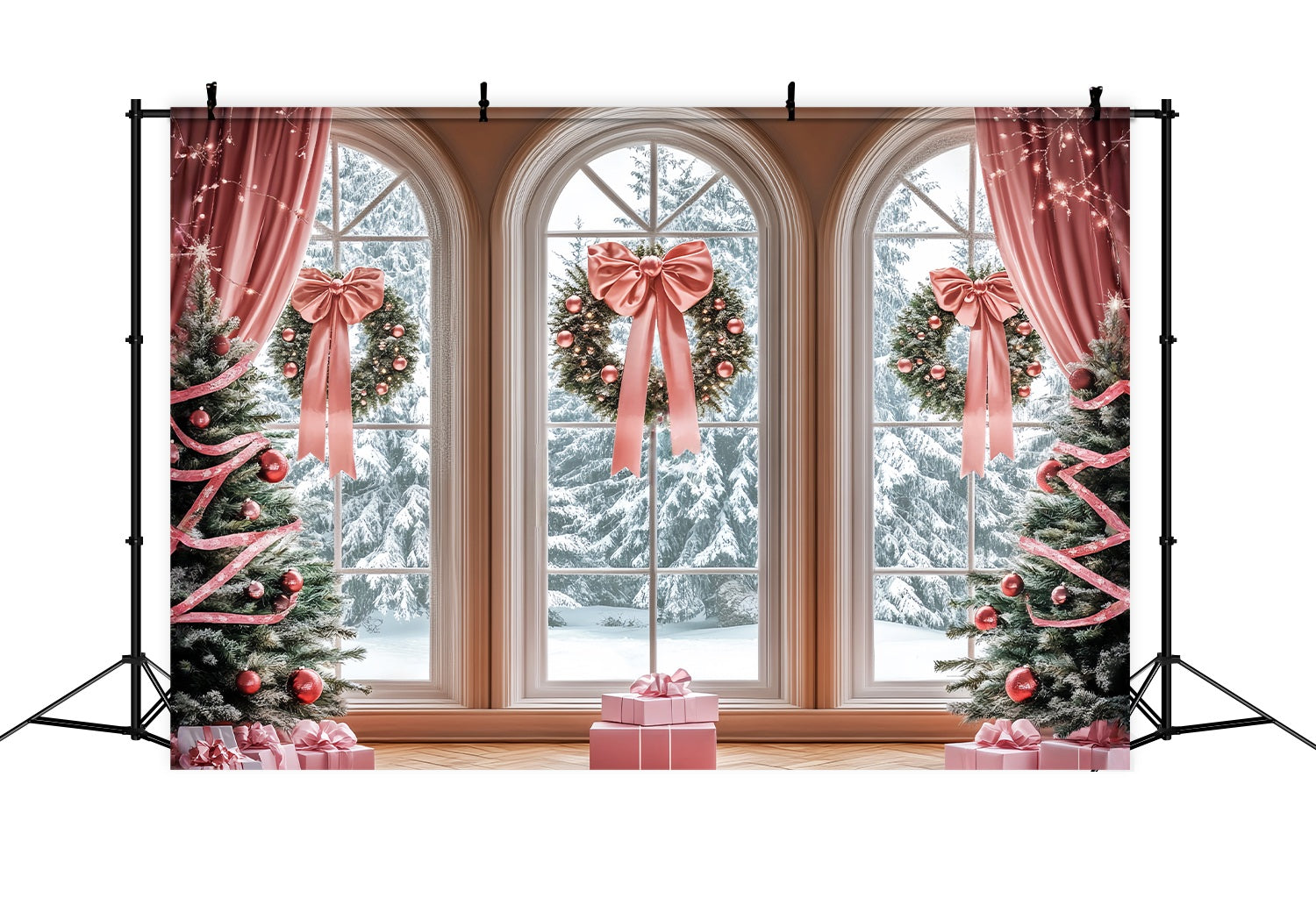 Rosa Weihnachtsfotohintergrund Rosa Schleife Fensterkränze Weihnachtshintergrund LXX58-52