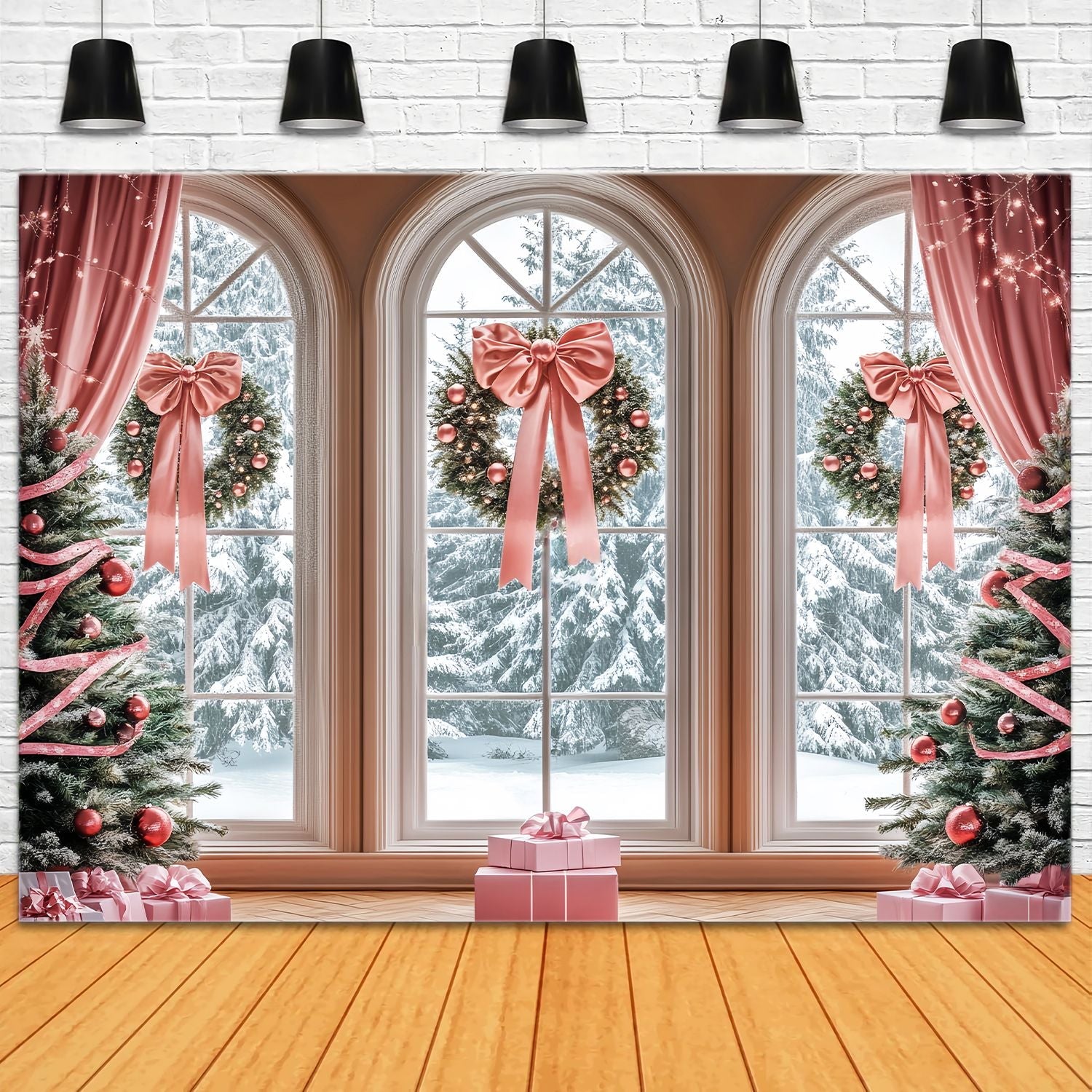 Rosa Weihnachtsfotohintergrund Rosa Schleife Fensterkränze Weihnachtshintergrund LXX58-52