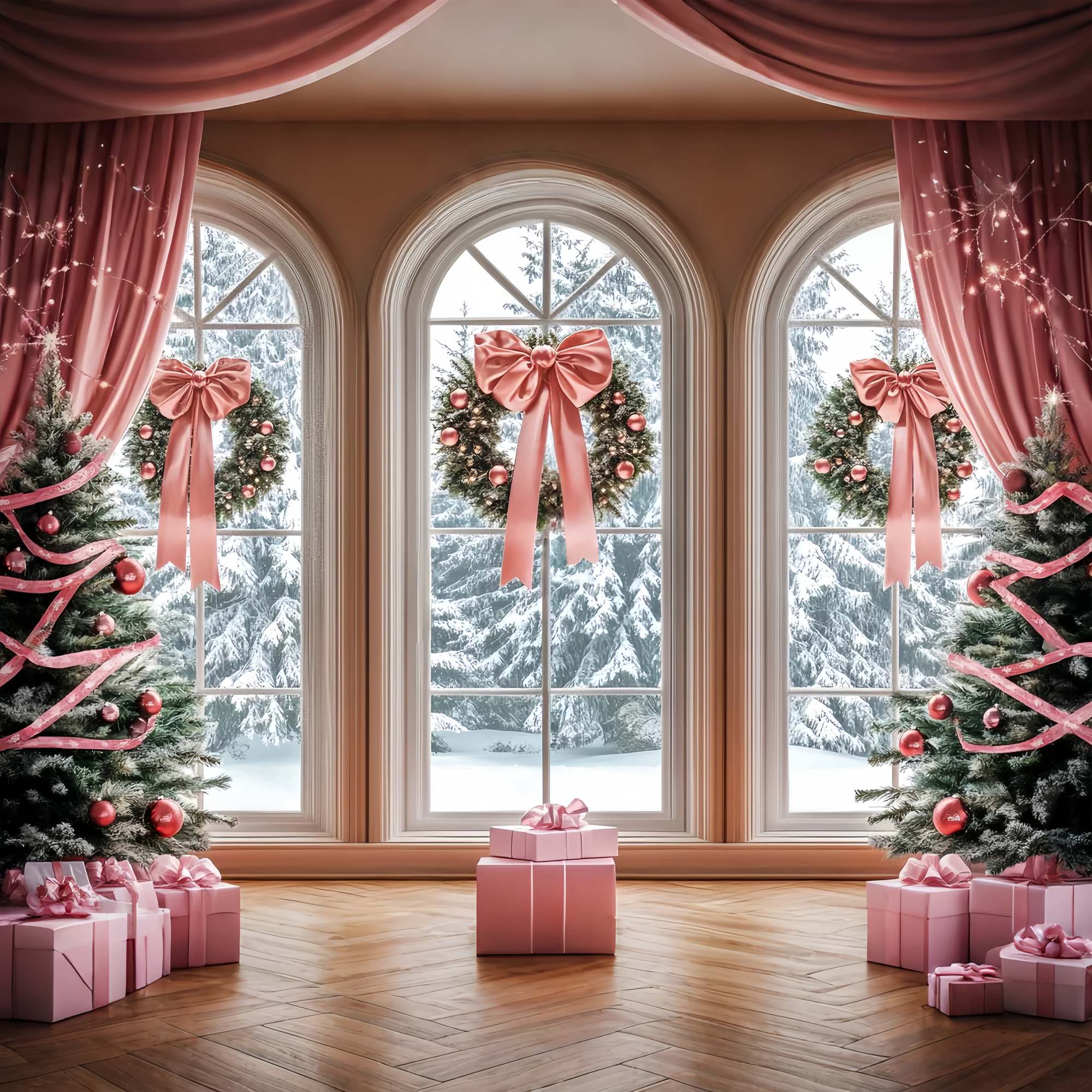 Rosa Weihnachtsfotohintergrund Rosa Schleife Fensterkränze Weihnachtshintergrund LXX58-52