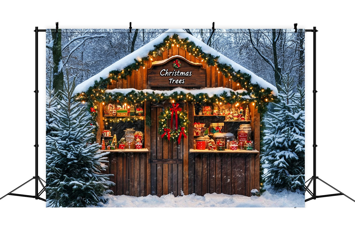 Weihnachtsbaum Bauernhof Foto Hintergrund verschneiten Wald Candy Cabin Stand Weihnachten Backdrops 10x10 LXX58-65